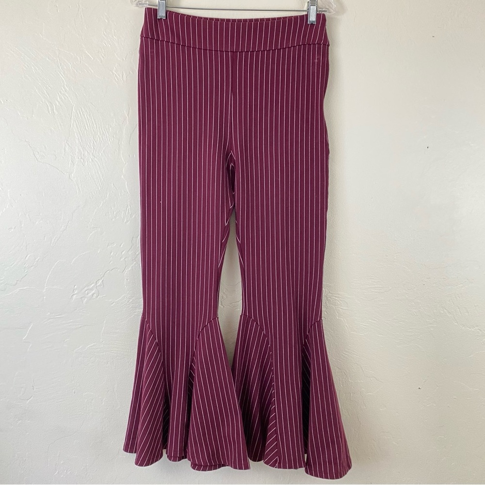 Free People Size Medium Maroon Red Striped Bell Bottom Cropped Trouser Pant